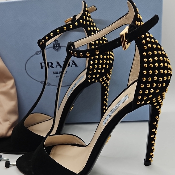 Prada Black Suede T-Strap Heels with Gold Studs W Box, Dustbag, Spare Tips 38.5 - Picture 2 of 12